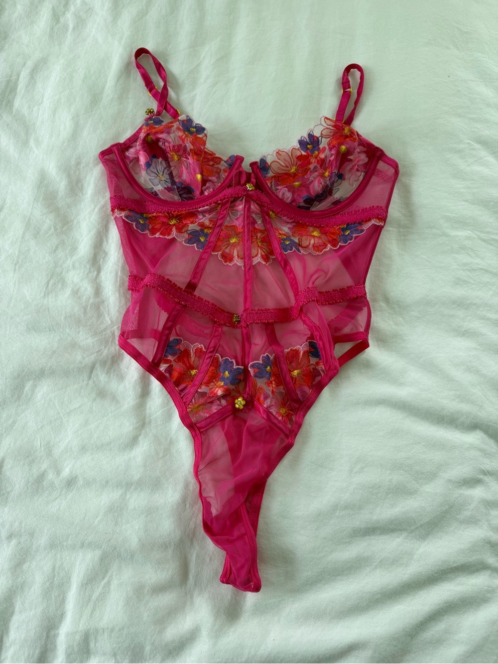 For Love & Lemons Hot Pink Sheer Floral Embroidered Bodysuit